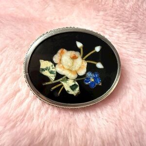 Antique 800 Silver Pietra Dura Floral Mosaic Brooch‎ Pin Italy